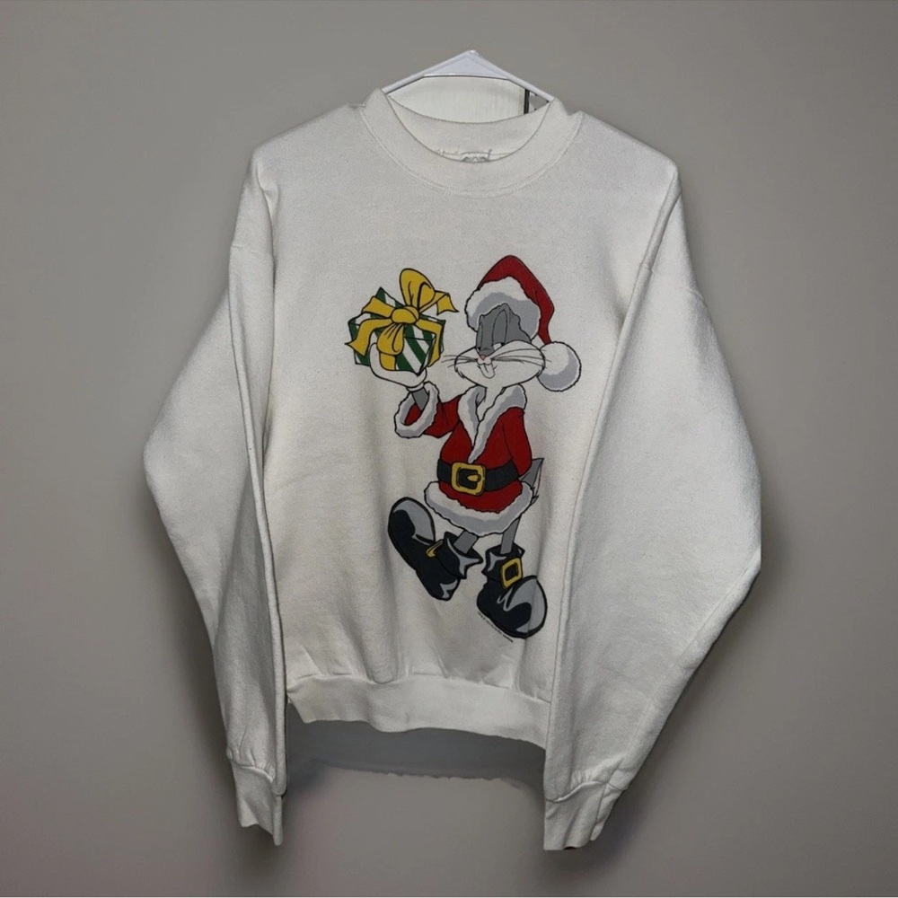 Fruit of the Loom White Sweater with Cartoon Santa Design